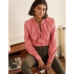 Boden Top Women's Size 2 Ruffle Front Jersey Shirt Long Sleeve Solid Dusty Rose